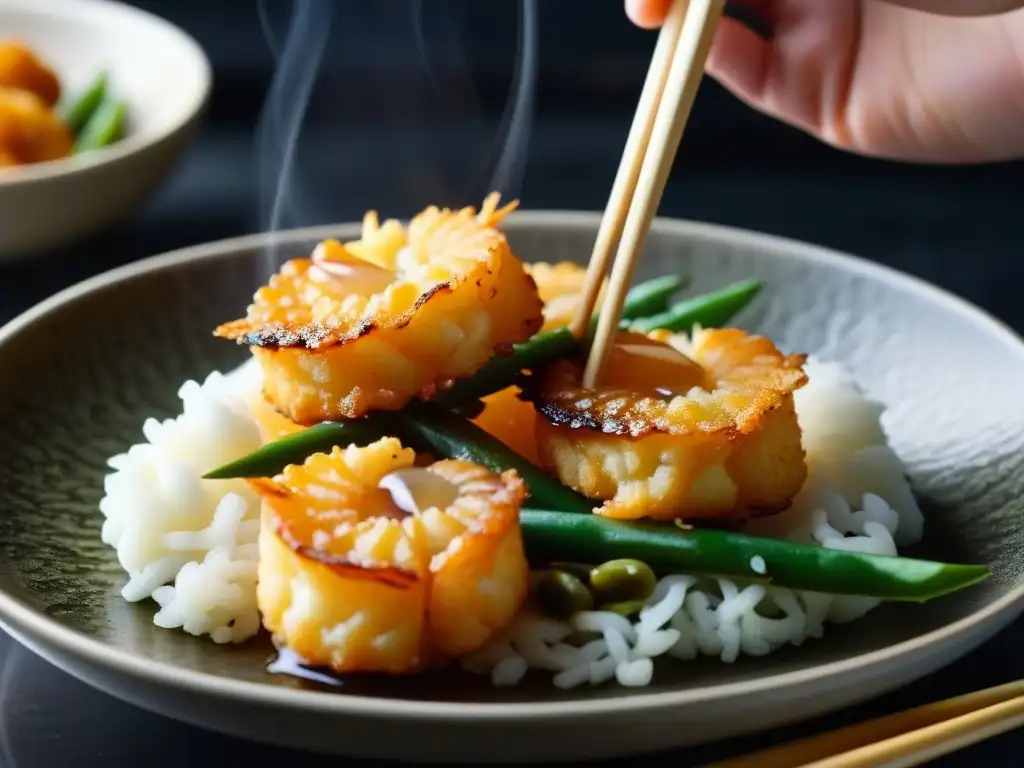 Delicado camarón tempura dorado saliendo de aceite burbujeante con palillos en cocina japonesa, rodeado de ingredientes