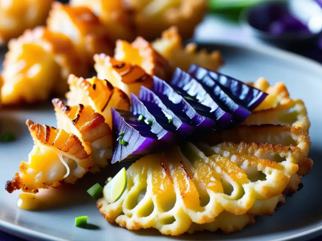 Delicado camarón tempura dorado sobre papas moradas, bañado en glaseado de maíz morado