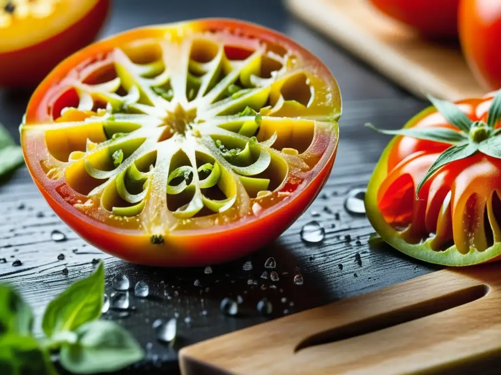 Delicado tomate orgánico cortado sobre tabla de madera, rodeado de hierbas y vegetales coloridos