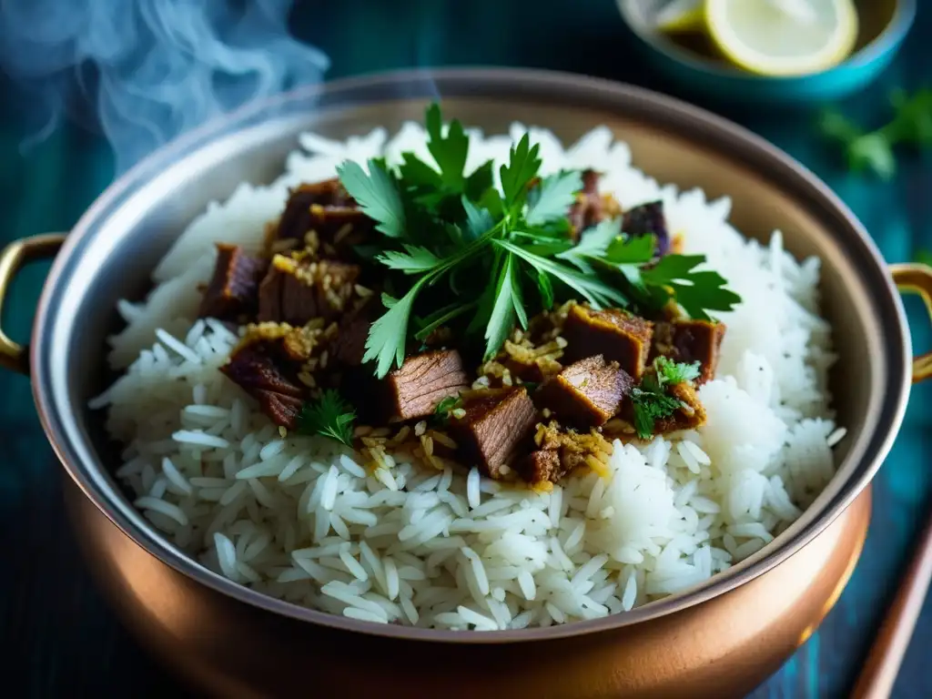 Delicado Biryani tradicional en olla de cobre, resaltando cada detalle y color