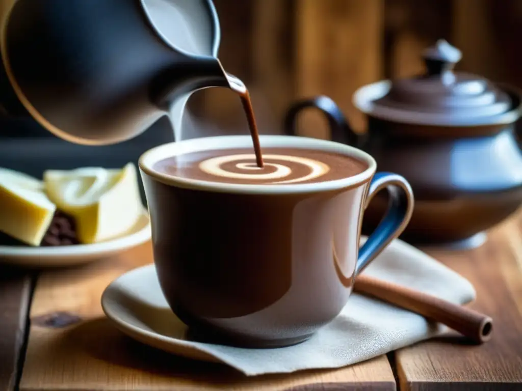 Delicado vertido de chocolate caliente español en taza de cerámica sobre mesa rústica, evocando la tradición y la Historia del chocolate en España