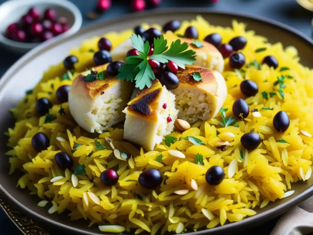 Delicado Zereshk Polo ba Morgh, plato persa de arroz con azafrán, pollo y almendras, reflejo de la hospitalidad persa cocina historia arte