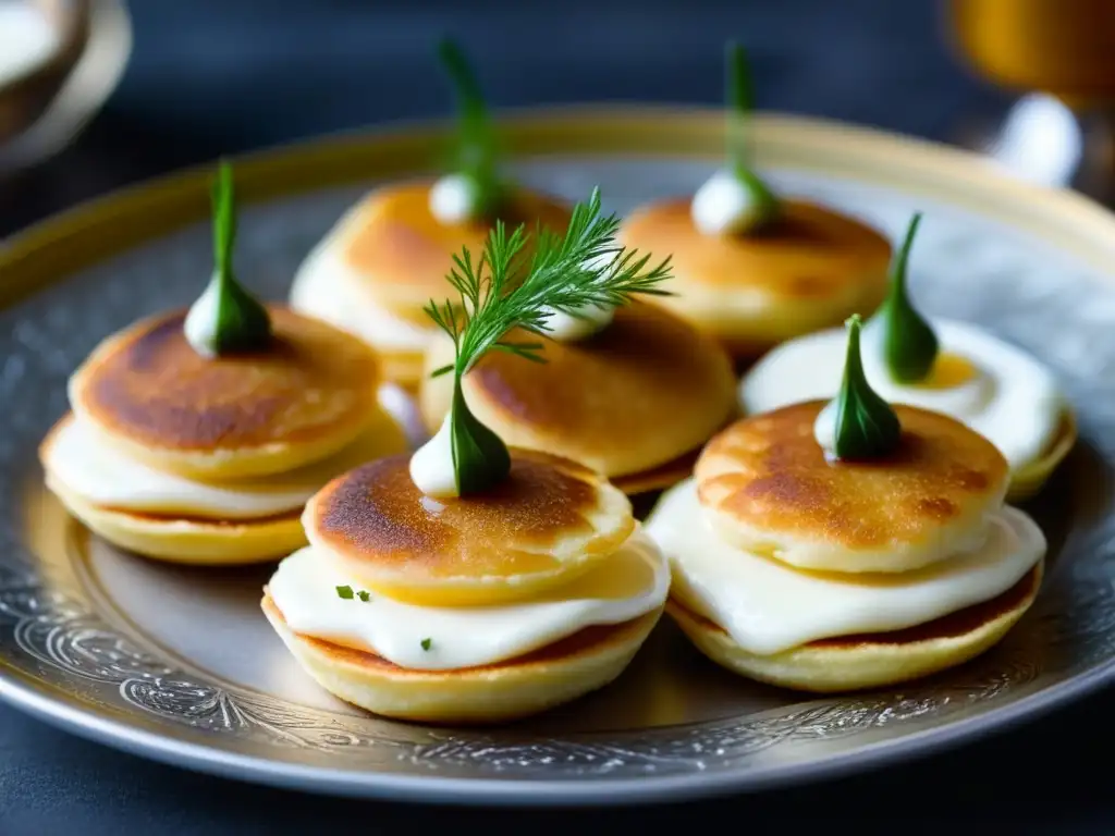 Delicados blinis dorados con crema agria y eneldo fresco, en plato de plata ruso