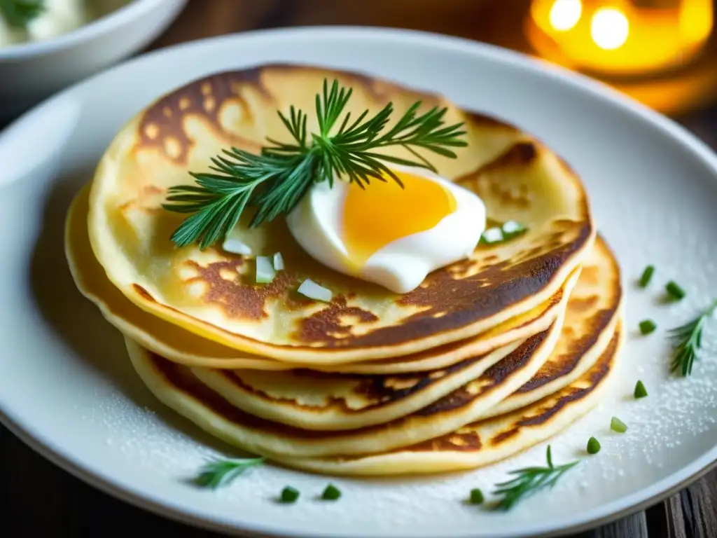 Delicados blinis rusos con influencias culinarias de Catalina la Grande: crema agria, eneldo fresco y crepes dorados