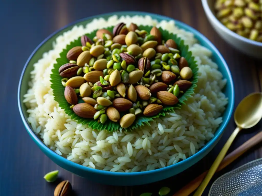 Delicados frutos secos en platos persas, realzando la exquisita composición de arroz y sabores únicos