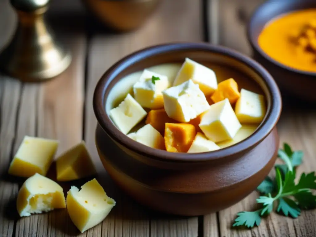 Delicados granos de paneer recién hecho en una olla de barro, bañados por el sol