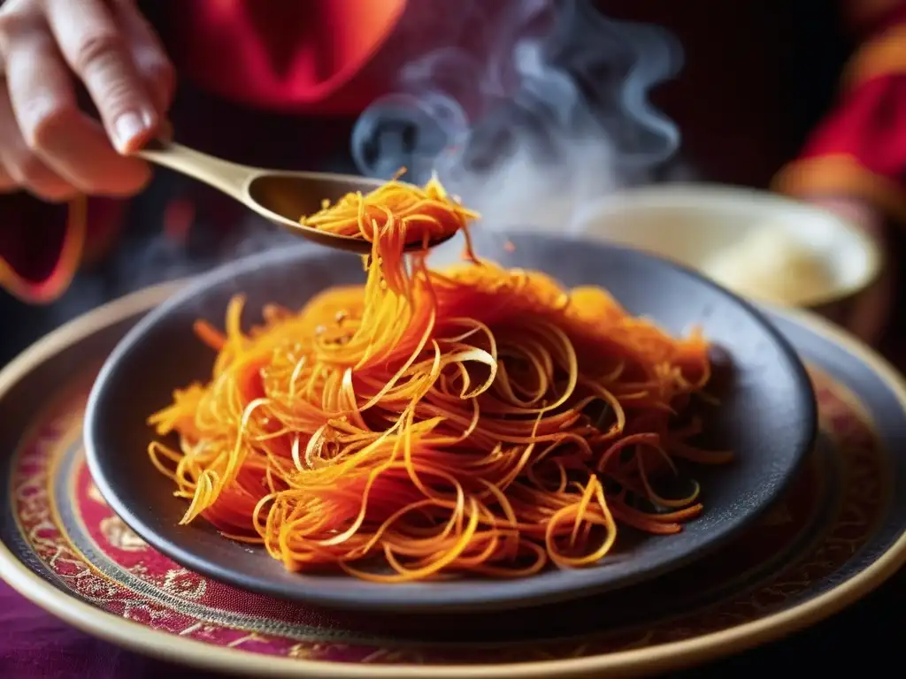 Delicados hilos de azafrán rojo cayendo sobre un tajín humeante, evocando la influencia de las Especies del Magreb en la historia culinaria