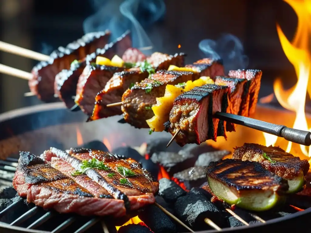 Delicados Orígenes del Kebab Mughal: manos expertas cocinan carne marinada sobre brasas, resaltando la herencia culinaria