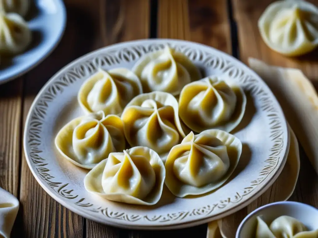 Delicados Pelmeni recién hechos en una superficie rústica, destacando la importancia cultural de este plato soviético