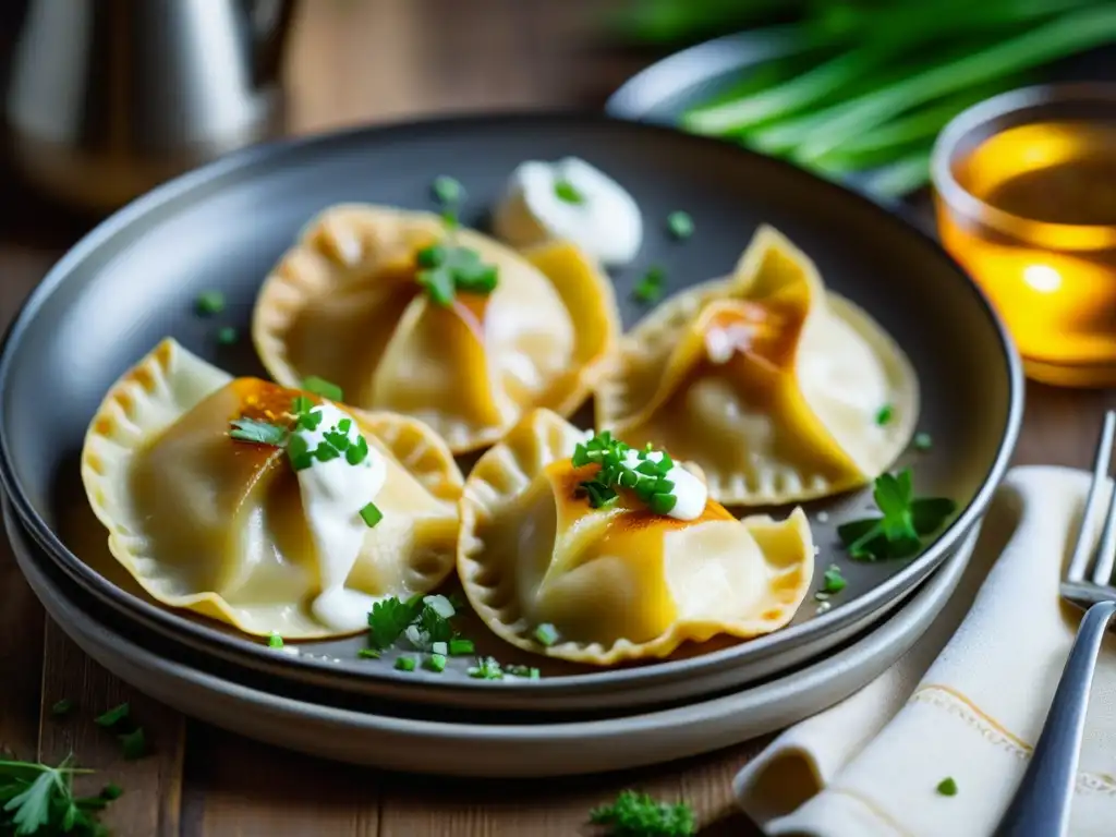 Delicados pierogi de Europa del Este, bañados en crema agria y cebollino fresco