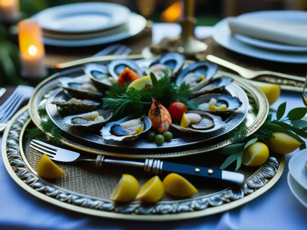 Exquisita mesa romana con mariscos mediterráneos Delicias Mediterráneo en mesa romana decorada con lujo: pescado a la parrilla, ostras y langostinos