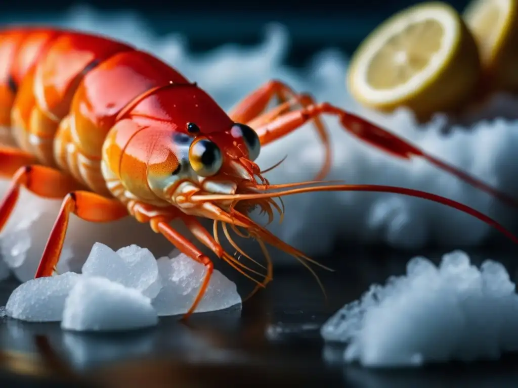 Prawn mediterráneo: detalle vibrante y fresco en hielo Delicias Mediterráneo Mesa Romana: Detalle exquisito de una langosta roja fresca sobre hielo, resaltando sus colores vibrantes