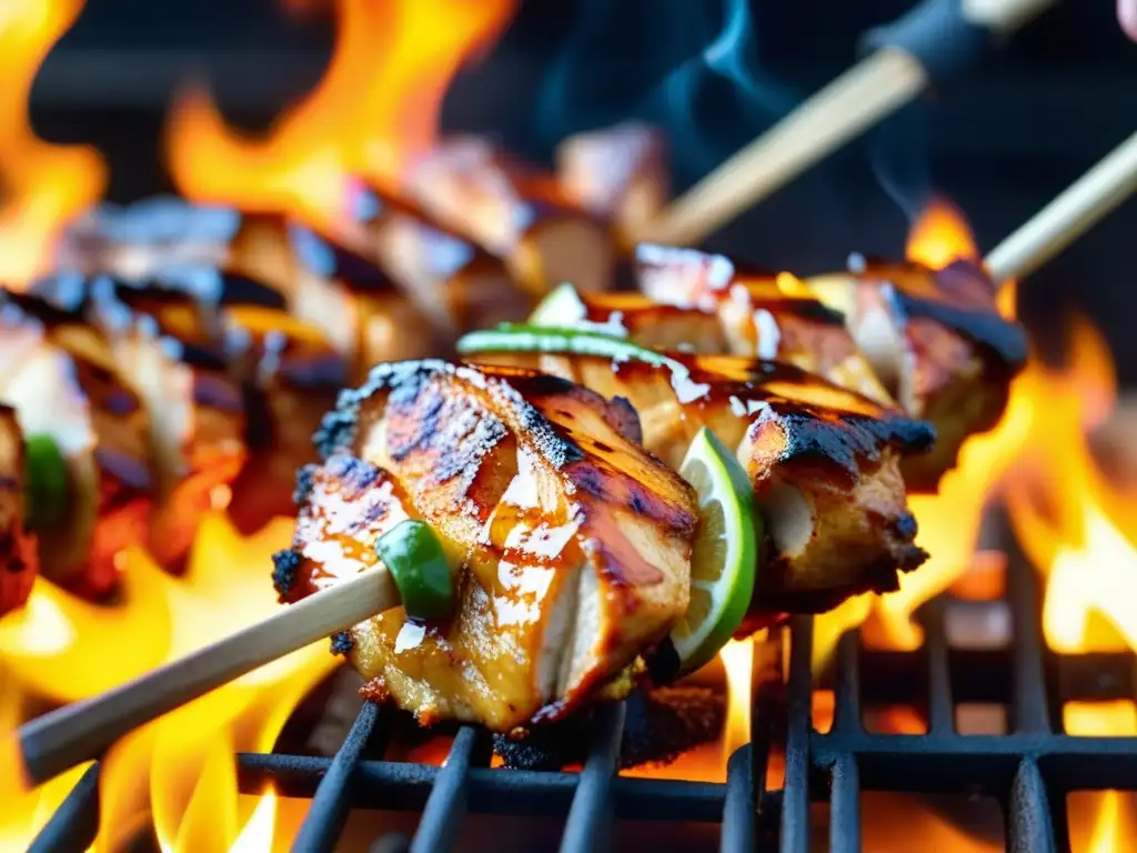 Deliciosa brocheta de pollo tandoori siendo asada a la parrilla, reflejando la influencia india en la gastronomía estadounidense