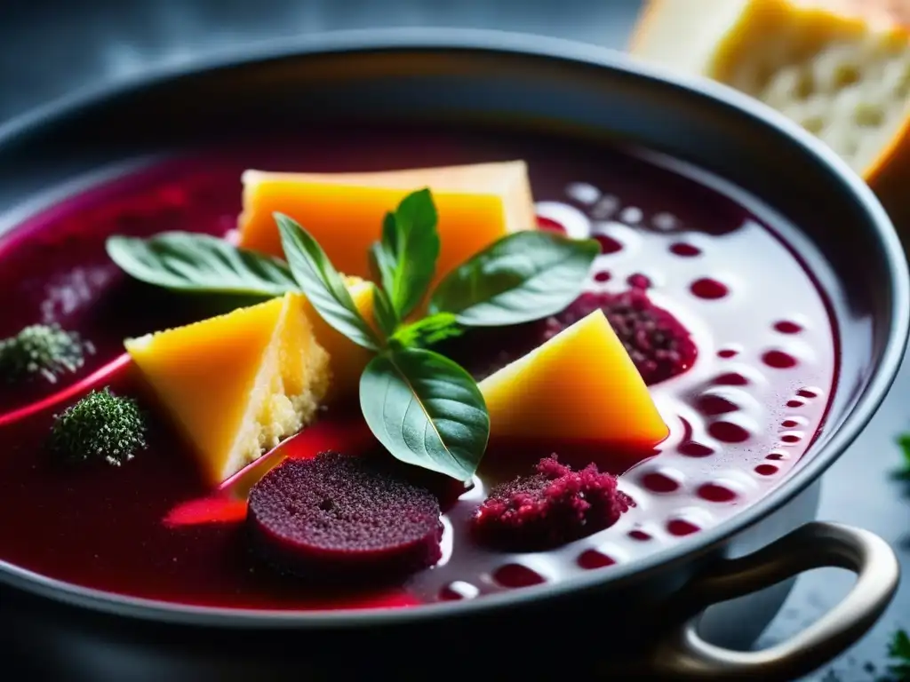 Sabroso borsch rojo: tradición y arte culinario en un plato Deliciosa sopa borsch roja burbujeante, con vapor y vegetales
