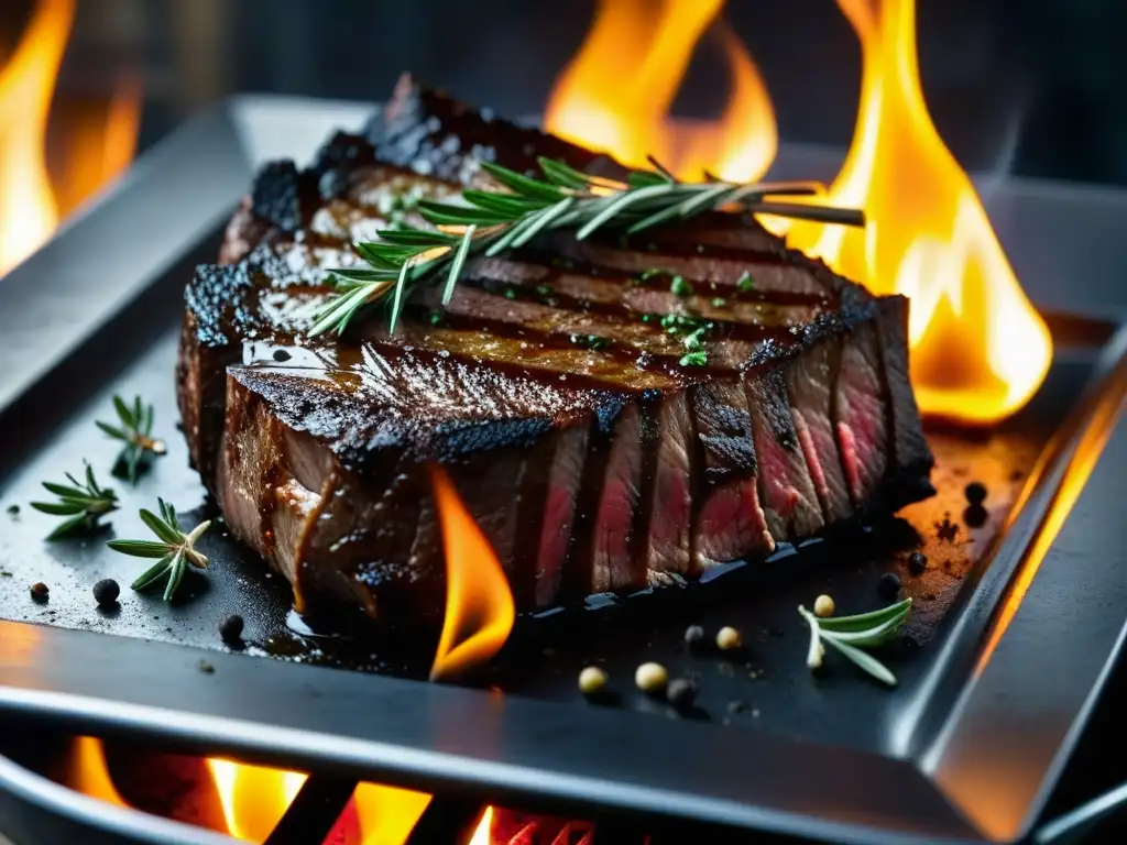 Exquisita carne medieval en su punto con hierbas aromáticas Deliciosa carne en cocina medieval cultural: un suculento filete sellado en sartén de hierro, rodeado de hierbas aromáticas