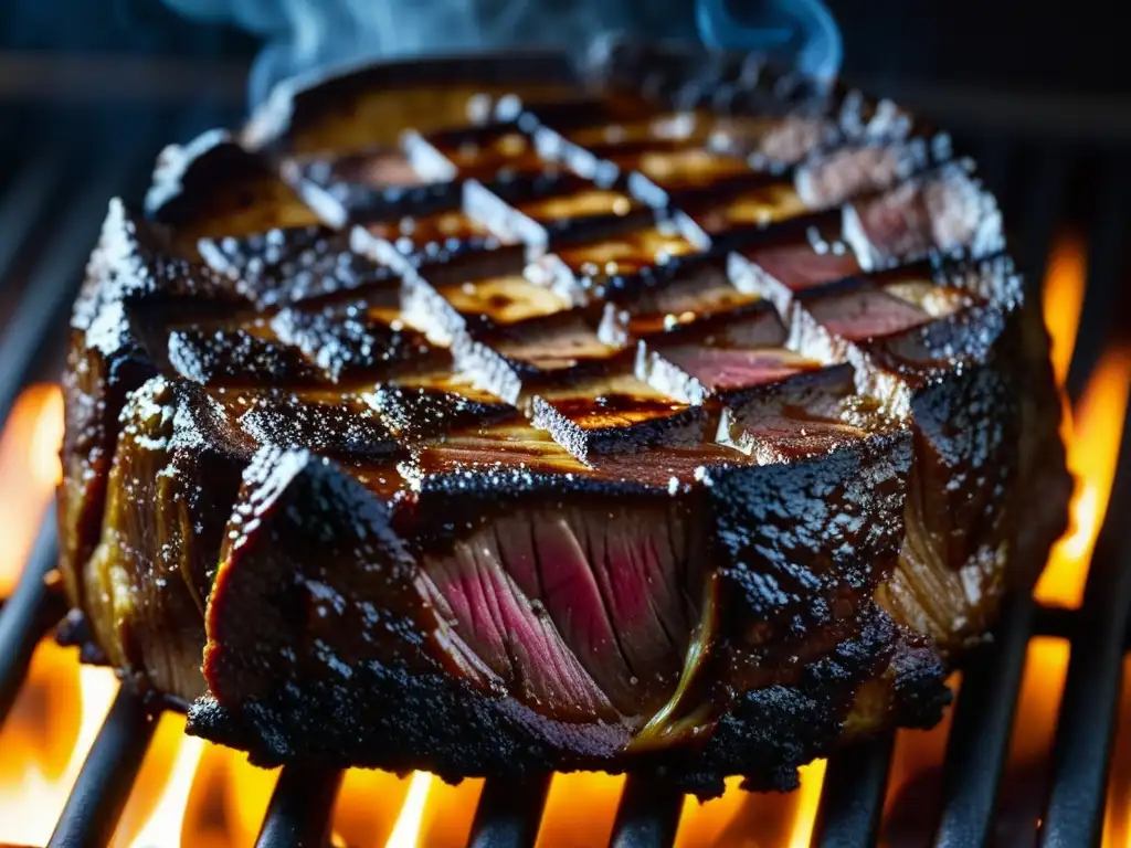 Deliciosa carne exótica cocinada a la perfección en parrilla caliente, con especias brillantes