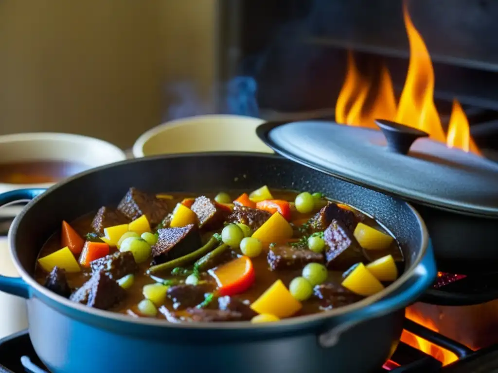 Deliciosa cocción en olla de hierro: un guiso burbujeante y colorido en la estufa, evocando el calor y sabor de la comida casera