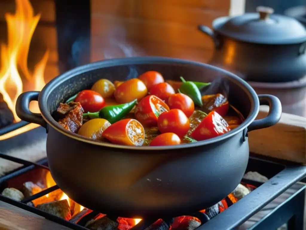 Deliciosa cocción en olla de hierro con guiso burbujeante y aromático en estufa de leña