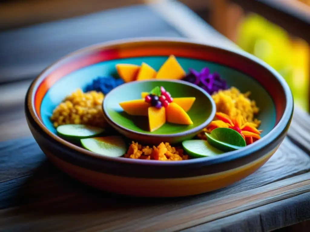 Deliciosa cocina Maya: platillo tradicional vibrante y detallado en plato de barro, sobre mesa de madera iluminada por luz natural