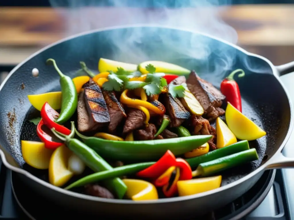 Deliciosa cocina TexMex recetas históricas: fajitas sizzling en sartén de hierro con vapor y colores vibrantes