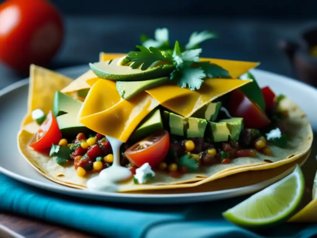 Deliciosa cocina TexMex sostenible con autenticidad histórica en cada capa colorida y fresca sobre chips crujientes