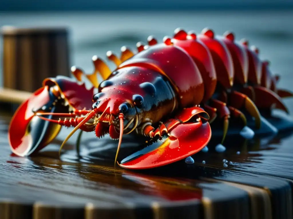 Deliciosa cola de langosta roja cubierta de gotas de agua marina, en un bote de pesca de madera