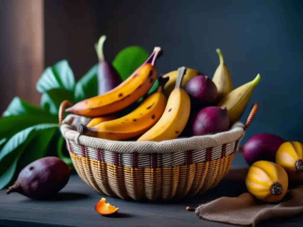 Deliciosa cosecha de ñames, yuca y plátanos en cesta tejida, resaltando colores y texturas