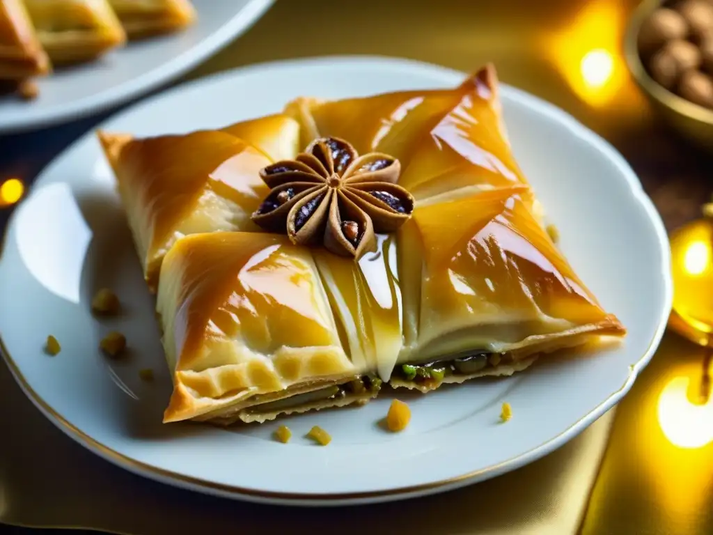 Deliciosa baklava dorada con frutos secos y miel, receta histórica de la cultura Medio Oriente