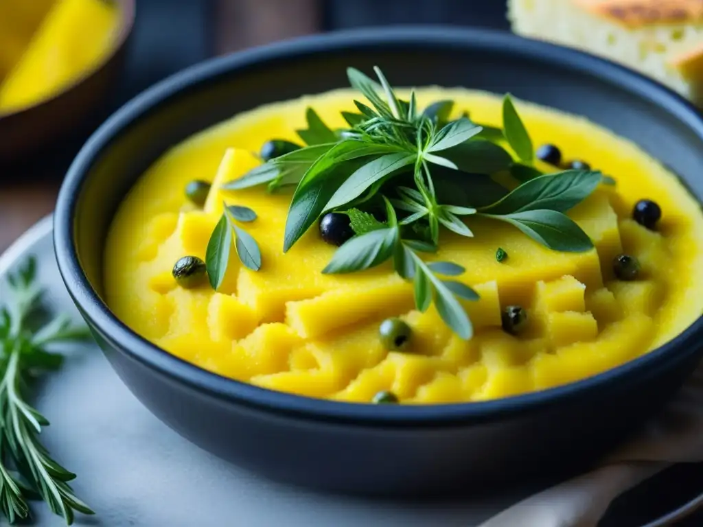 Deliciosa polenta dorada con hierbas frescas y aceite de oliva, resaltando la importancia histórica de la polenta en la dieta renacentista