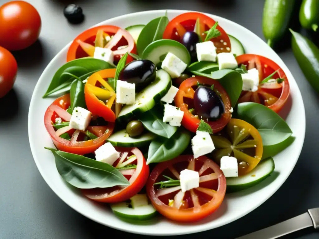 Deliciosa ensalada griega con tomate, pepino, queso feta, aceitunas kalamata, pimiento verde y orégano, bañada en aceite de oliva dorado