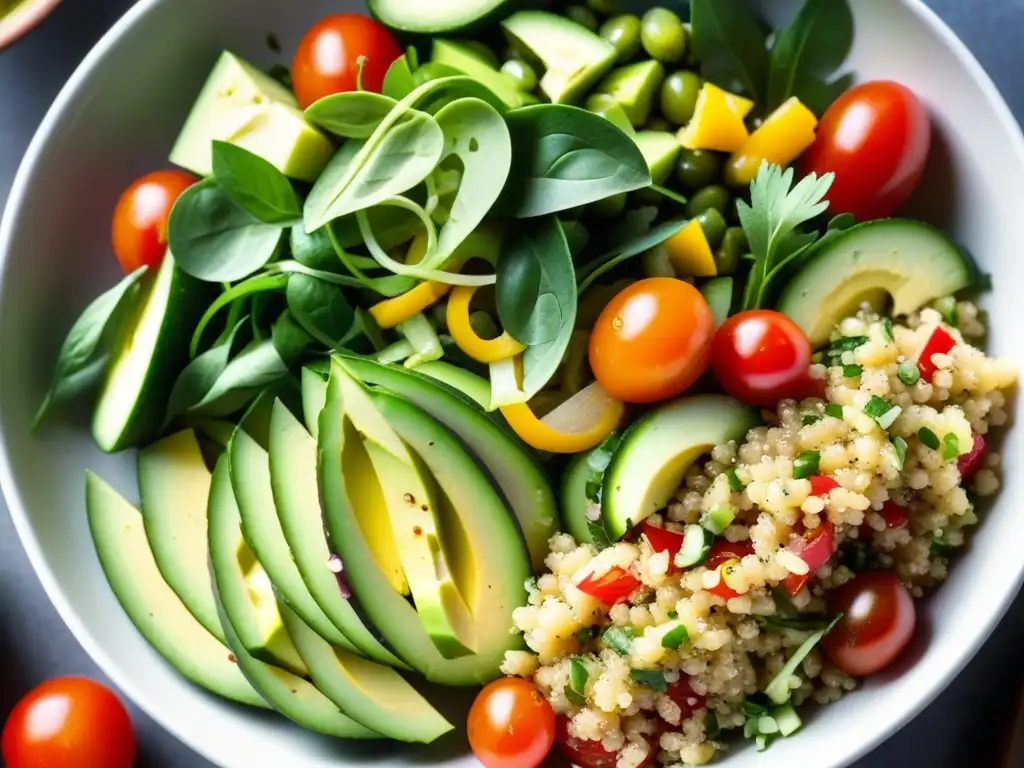 Deliciosa ensalada de quinua con vegetales frescos y hierbas, ideal para una dieta saludable