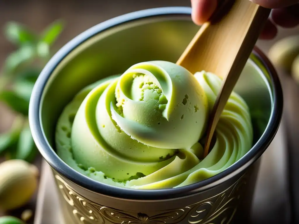 Una deliciosa escena en una gelatería italiana, mostrando el origen y evolución del gelato al servir un cremoso pistacho