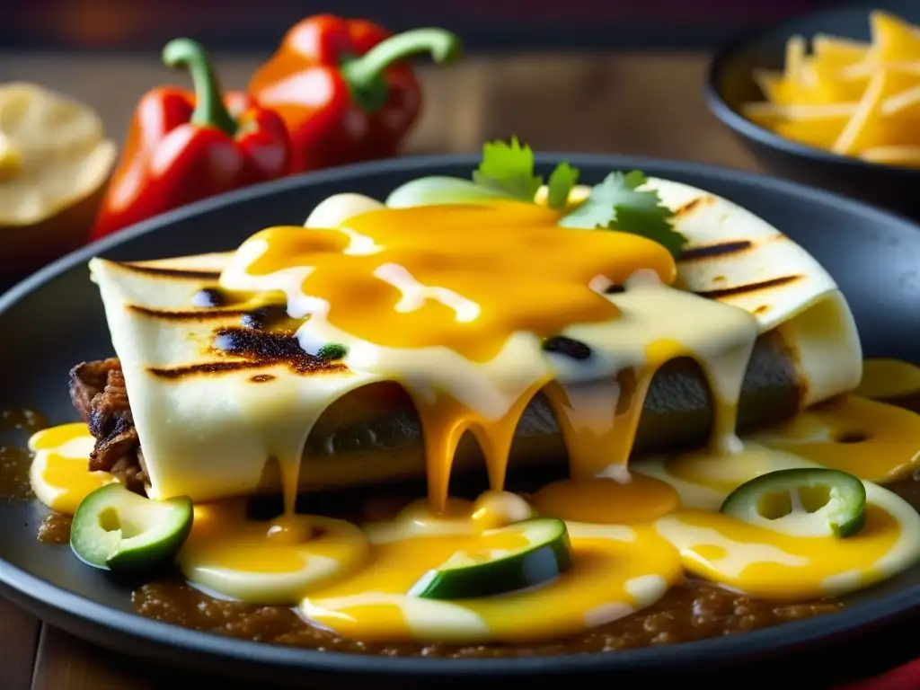 Deliciosa escena en restaurante TexMex, con queso fundido dorado burbujeante sobre fajitas, creando una historia queso fundido cocina TexMex