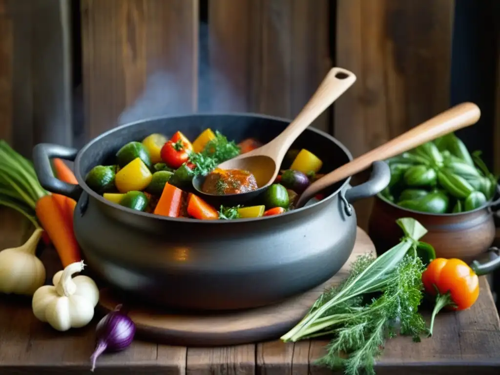 Deliciosa estofado en olla de hierro, con verduras y hierbas, evocando recetas históricas de olla de hierro