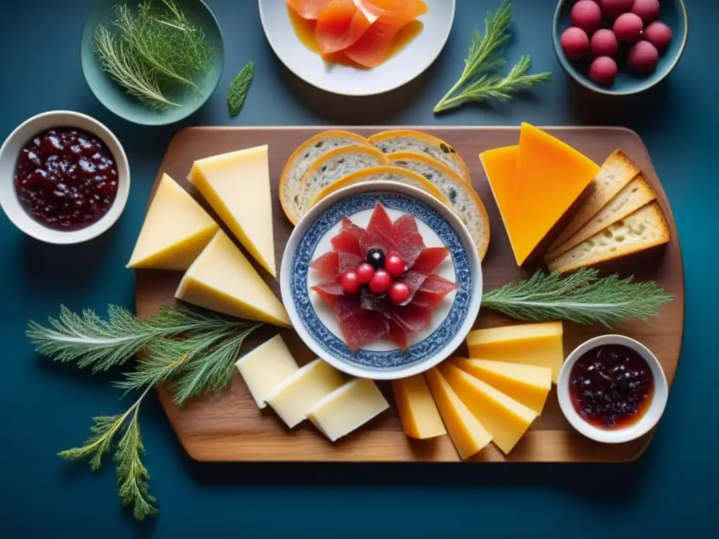 Deliciosa dieta escandinava tradición lagom: un exquisito smörgåsbord con gravlax, arenque, pan de centeno, mermelada de arándanos y quesos variados