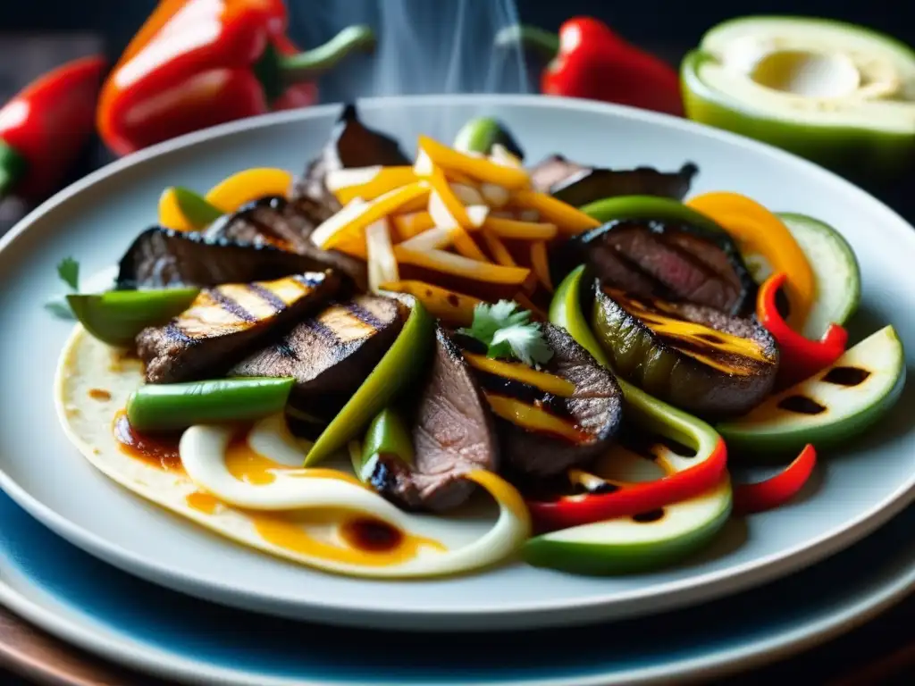 Deliciosa fajita humeante con carne, queso derretido y vegetales a la parrilla