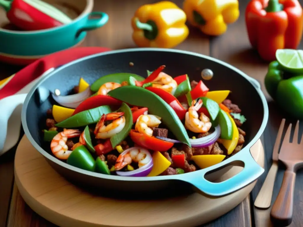 Deliciosa fajita TexMex con camarones, pimientos y cebolla en sartén