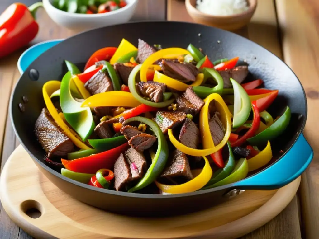 Deliciosa fajita TexMex con carne, pimientos y cebolla, en sartén sobre mesa de madera