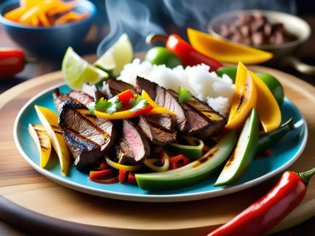 Deliciosa fajita TexMex con carne, pimientos y cebolla, emitiendo vapor