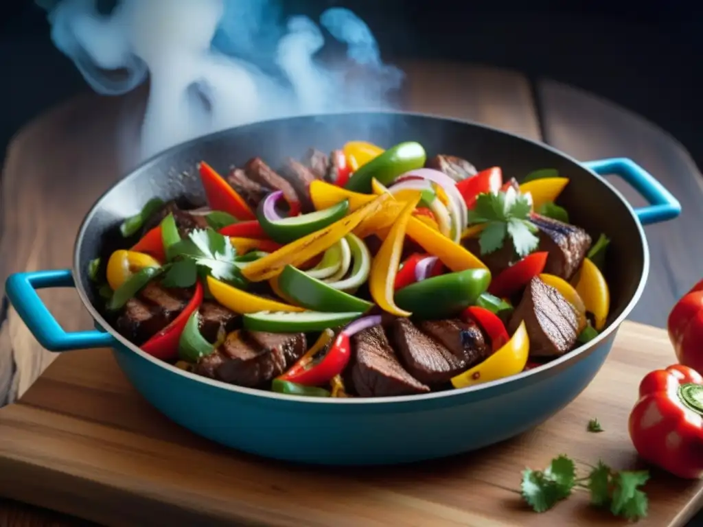 Deliciosa fajita TexMex siglo XIX: carne jugosa, pimientos y cebolla en sartén humeante sobre mesa de madera