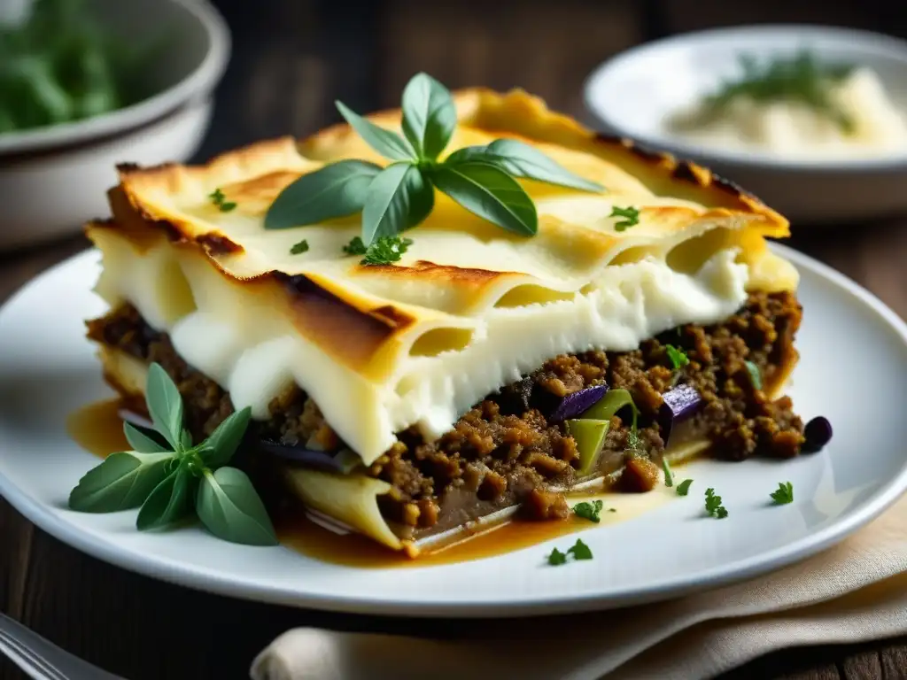 Deliciosa moussaka griega con capas de berenjena, carne y salsa bechamel, decorada con hierbas frescas