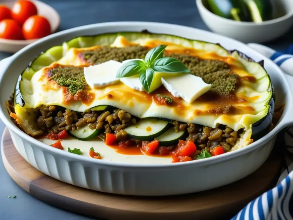 Deliciosa moussaka griega: capas de berenjena, calabacín y patata con salsa de tomate, bechamel, oregano y queso feta