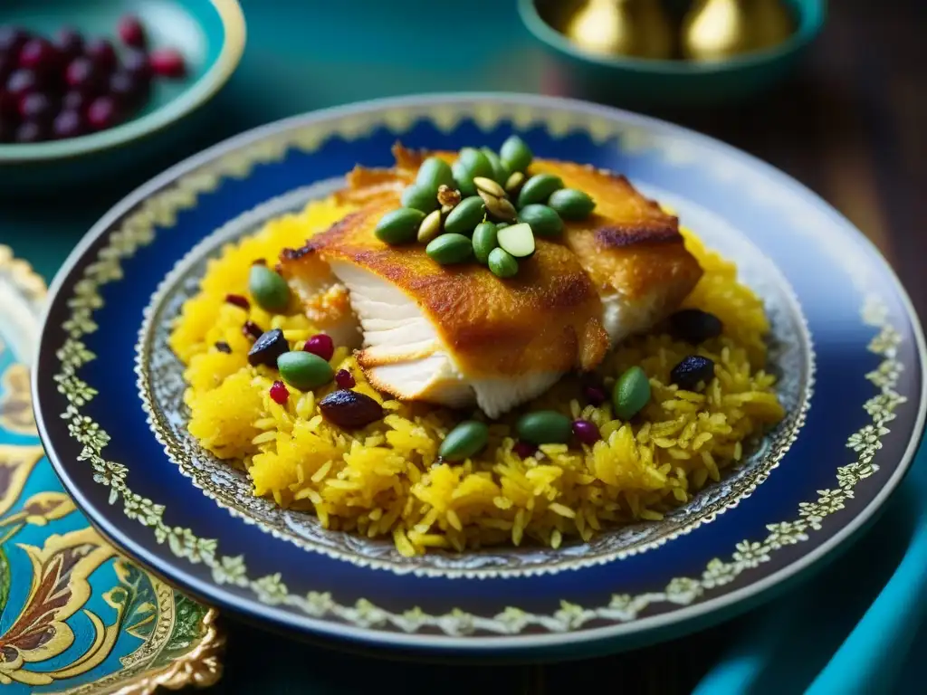 Una deliciosa historia de la cocina persa: 'Tahchin' con arroz dorado, pollo tierno y frutos secos, en un plato de cerámica pintado a mano