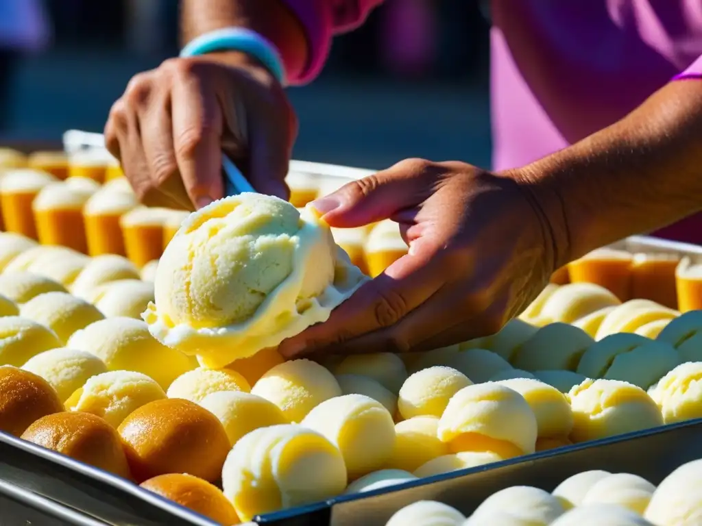 Deliciosa historia: helado turco siendo estirado por vendedor en macro