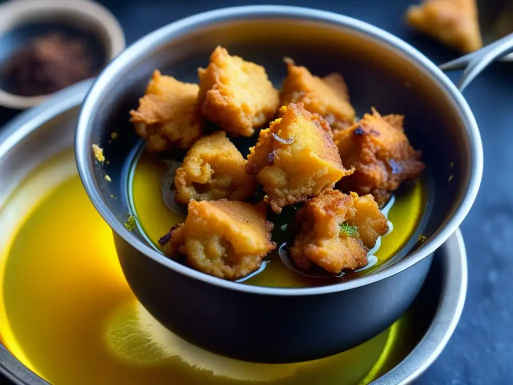 Deliciosa historia Pakora temporada monzones: Pakora dorado y crujiente saliendo de la olla humeante