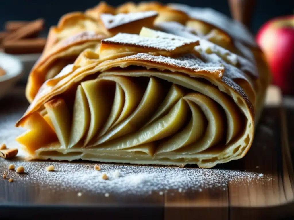 Una deliciosa historia del strudel de manzana recién horneado, con capas doradas y manzanas en canela y azúcar