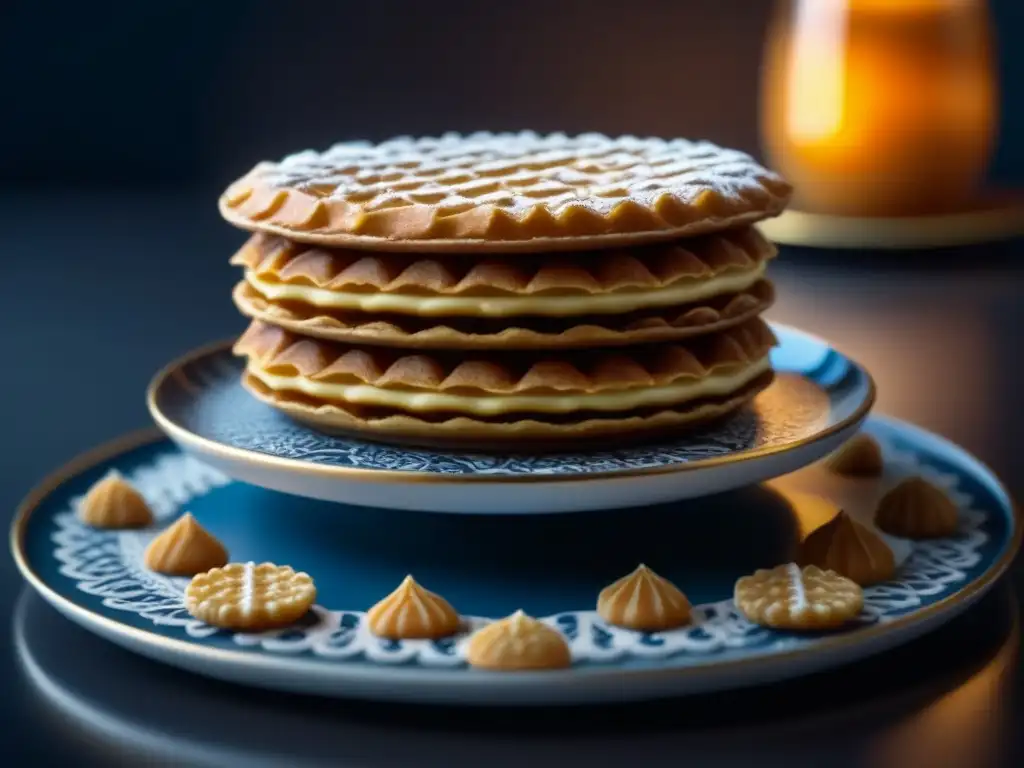 Una deliciosa Stroopwafel recién horneada en un plato de cerámica vintage, resaltando cada capa