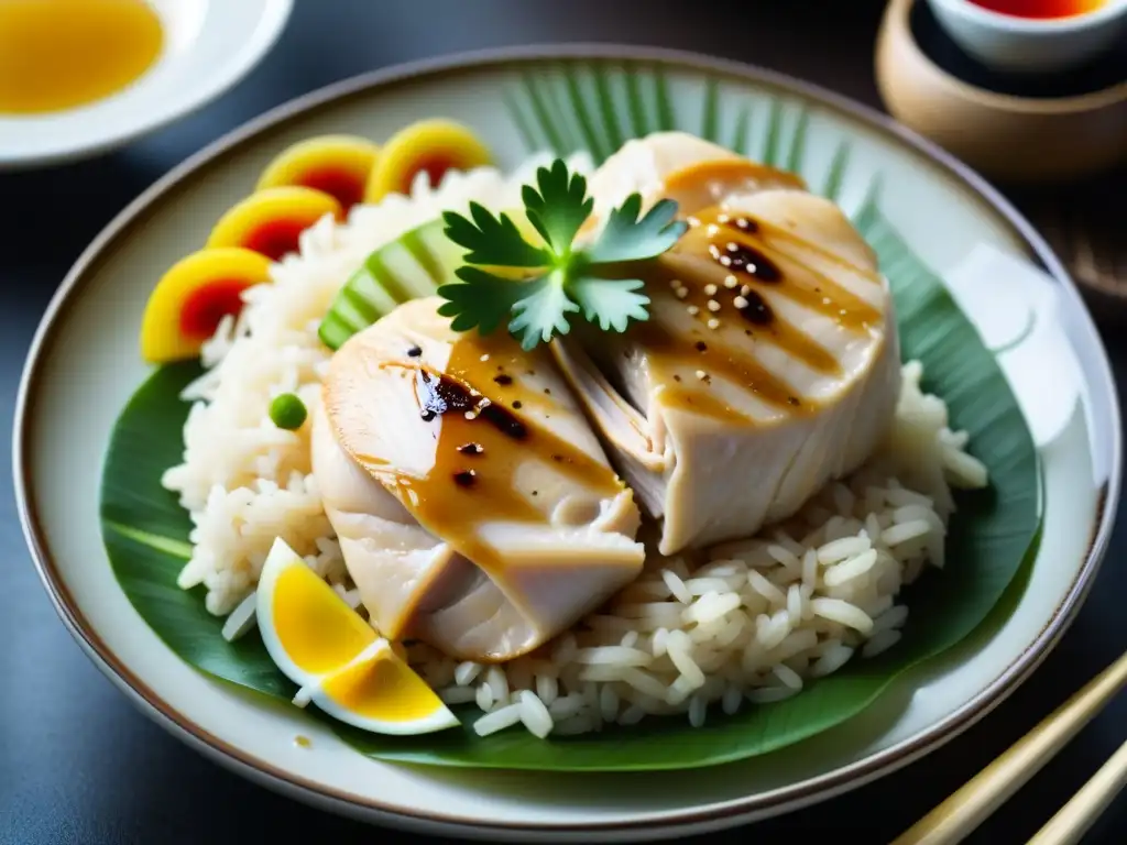 Deliciosa imagen detallada de un plato de Hainanese Chicken Rice