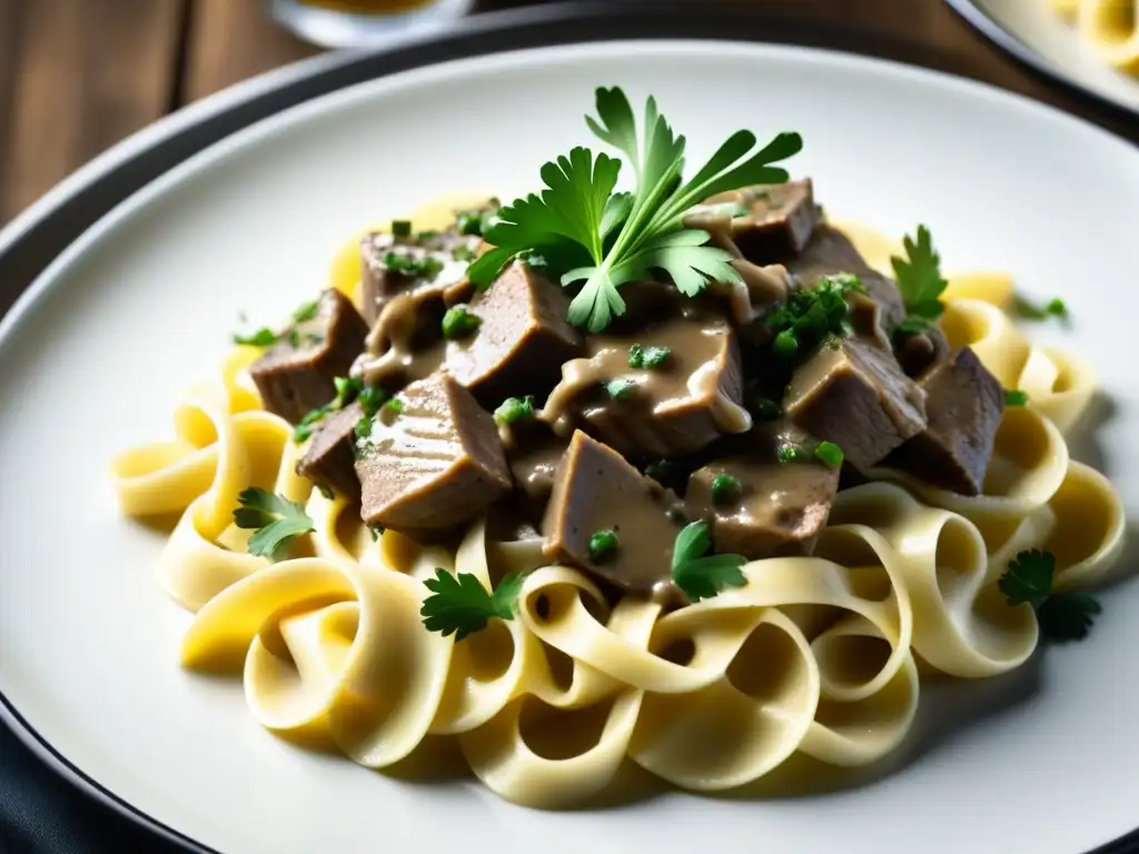 Deliciosa influencia gastronómica francesa en Rusia: exquisito Beef Stroganoff con tiernas tiras de carne en salsa cremosa