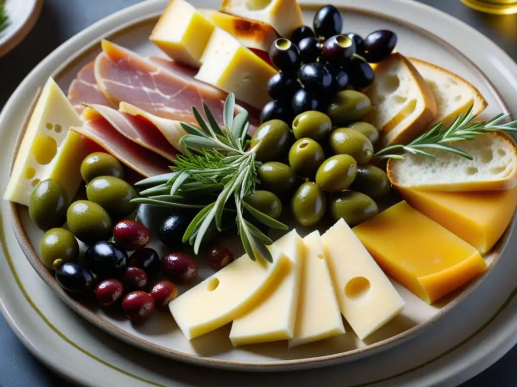 Deliciosa mesa romana de aperitivos con aceitunas, quesos, embutidos y pan, resaltando los detalles y colores